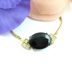 Vintage NECKLACE BLACK GLASS CABOCHON Rhinestones  Pendant Goldtone Chok... - $14.99