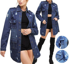 Women&#39;s Distressed Denim Cotton Button Up Long Military Utility Jean Jacket - £27.21 GBP