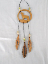 HAND MADE WOOD FULL BODY HOWLING WOLF DREAM CATCHER w 3 DANGLING FEATHER... - £5.55 GBP