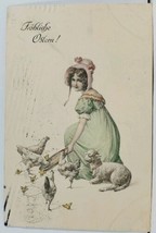 Froliche Ostern Happy Easter Sweet Girl Chickens Lamb c1907 Postcard L18 - £7.15 GBP