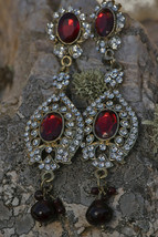 Big Red Earrings Vintage Indian Rhinestone Long Dangle Bollywood Statement Gypsy - £12.33 GBP