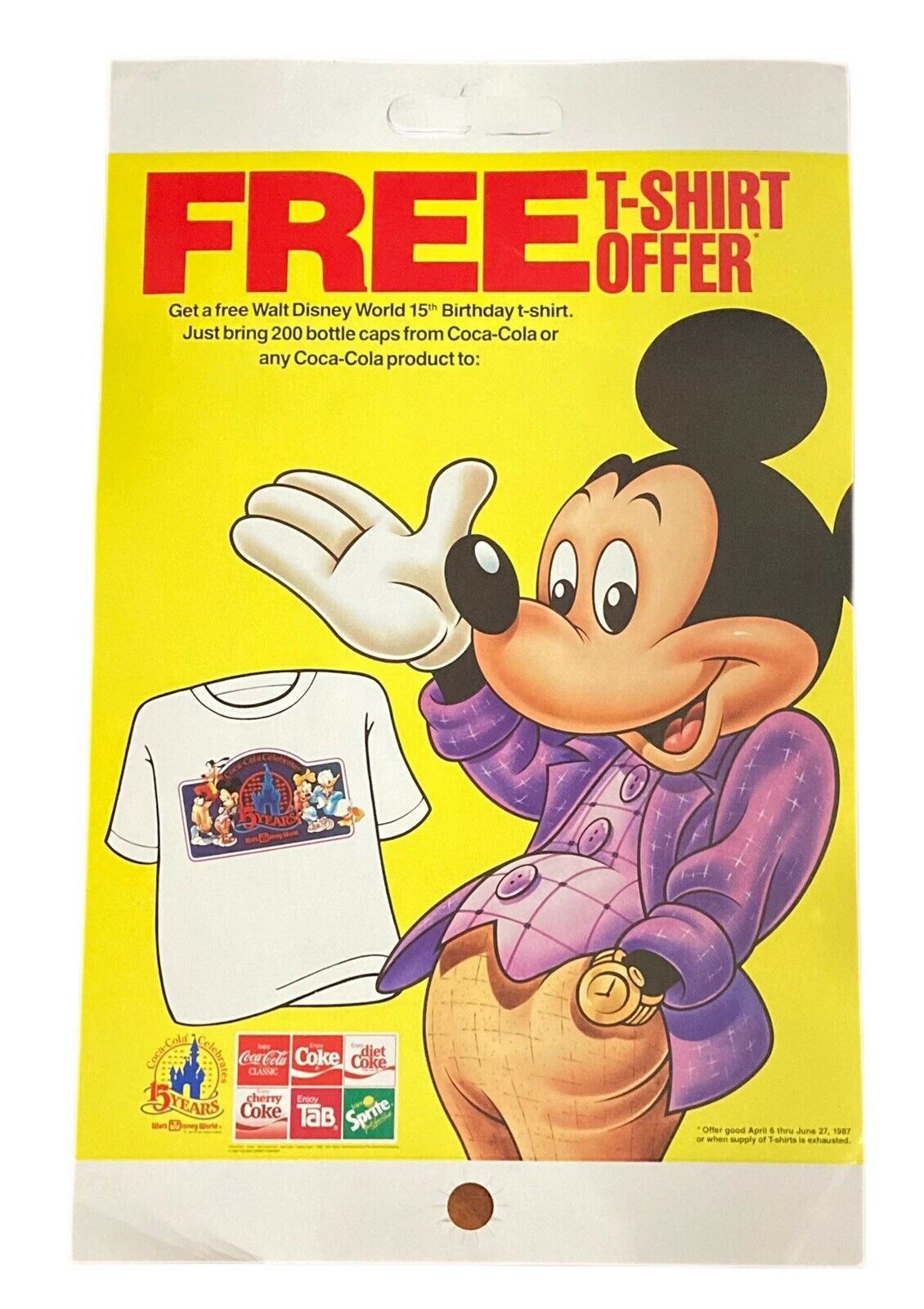 Walt Disney World Coca Cola Mickey Mouse Poster Sign Display 15th Birthday 1987 - £16.34 GBP