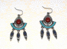 Women New Tribal Aqua Brown Stone Pewter Spike Dangle Pierced Earrings - £7,817.63 GBP