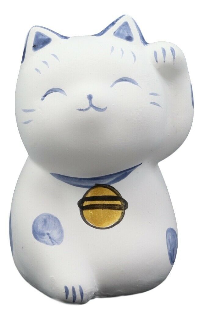 Japanese Lucky Charm Beckoning Cat White Maneki Neko With Blue Spots Figurine