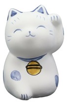 Japanese Lucky Charm Beckoning Cat White Maneki Neko With Blue Spots Figurine - £8.59 GBP