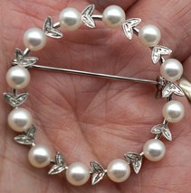 Silver Wreath Brooch / Pin with 12 Nice Cultured Pearls - $69.00