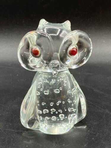 Art Glass Owl Clear Paperweight Figure Derpy Big Red Eyes Bullicante Bub... - $22.27
