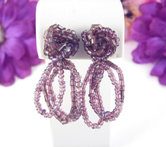 Purple Glass Seed Bead Love Knot &amp; Loops Earrings Vintage Clip On Beaded 1 5/8&quot; - £13.44 GBP