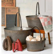 3 Metal Buckets with Handles in distressed Tin - £33.77 GBP