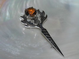 Vintage Large Signed Silvertone Scottish Thistle with Bronze Faceted Rhinestone  - £14.10 GBP