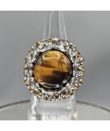 Tiger&#39;s Eye Statement Ring Sz 9.5 Silver Tone Dome Yellow Clear Crystal ... - $650.67 MXN