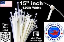 100 White 15&quot; inch Wire Cable Zip Ties Nylon Tie Wraps 120lb USA Made Tiger Ties - $27.54