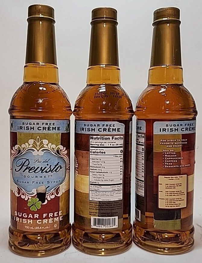 (3 Bottles) Piu Del Previsto Gourmet No-Sugar Irish Cream Syrup 25.4 oz BB 07/27