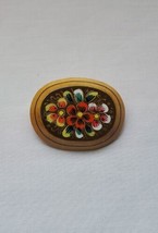 Vintage Russian Brooche Pin Hand Painted Flower Oval Wood Brooch Folk Art - £11.85 GBP