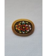 Vintage Russian Brooche Pin Hand Painted Flower Oval Wood Brooch Folk Art - £11.85 GBP