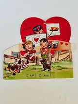 Valentines Day Card Vtg Antique decoration sign ephemera 1960s fold out dog cats - £20.00 GBP