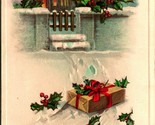 Christmas Greetings Present Holly Snow Scroll Embossed 1916 DB Postcard E4 - £5.51 GBP