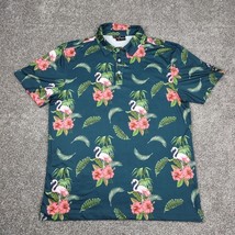 Yatta Golf Shirt Men Medium Green Floral Flamingo Tropical Hawaiian Beac... - £15.46 GBP