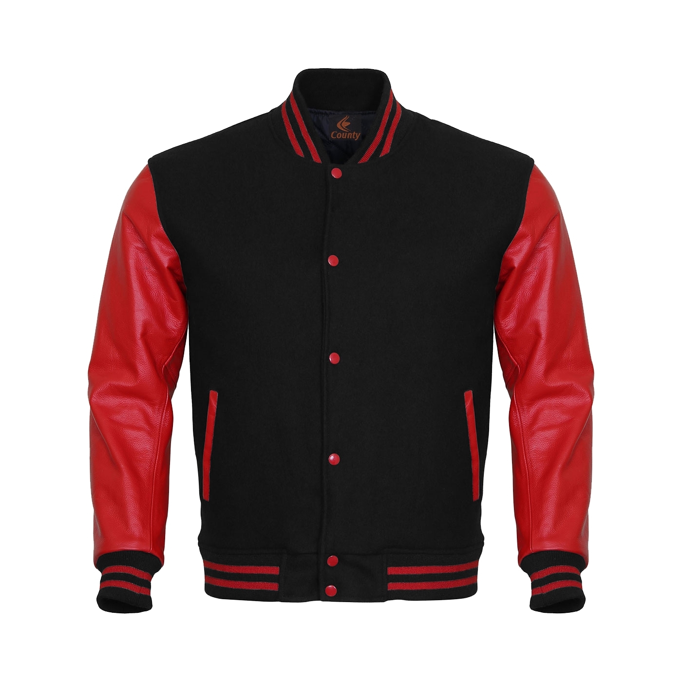 Super Stylish Varsity Letterman Baseball Jacket Black Body & Red Leather Sleeves