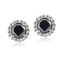 14K White Gold Plated 1.15 CT Simulated Black Diamond Halo Women&#39;s Stud Earrings - £42.95 GBP
