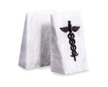 Bey Berk White Marble Bookends with Antique Silver Plated &quot;Medical&quot; Emblem - $115.00