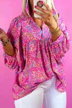 Purple Plus Size Floral Print Puff Sleeve V Neck Blouse - £17.30 GBP