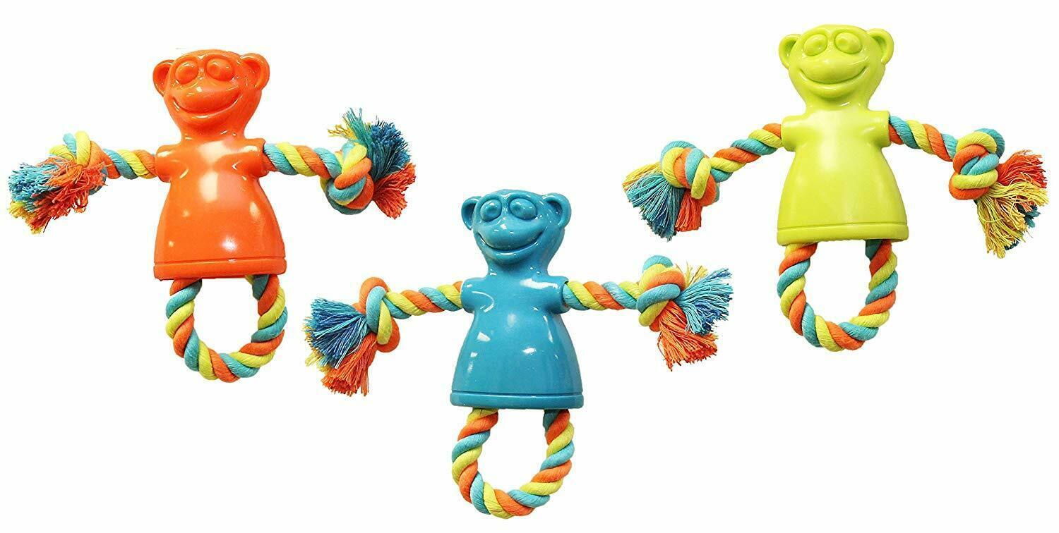 Braided Rope Monkey Dog Toy Tough Rubber Throw Chew Tug Colors Vary Choose Size