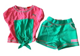 Puma 2 Piece Set Outfit Girls Infant Baby 12 months Green Pink Shorts Ts... - £11.37 GBP