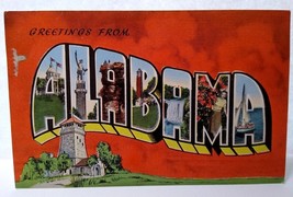 Greetings From Alabama Large Big Block Letter Postcard Linen Unused Red Green - £3.40 GBP