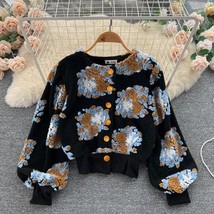 Imensional flower long sleeved jacket 2022 autumn winter color contrast retro all match thumb200