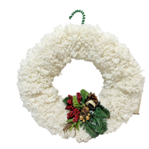 Vintage Handmade White Yarn Christmas Wreath Hanging Faux Greenery 16&quot; R... - $20.37