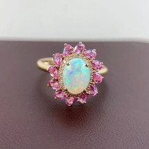 4Ct Oval Cut CZ Fire Opal Halo Engagement Ring 14K Yellow Gold Plated 925 Silver - £89.90 GBP