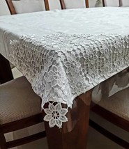 White Tablecloth, Vintage Jacquard, White  Lace, Vintage Style, 60x72&#39;&#39; - $89.00