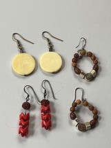 Lot of Round Cream Plastic Zig Zag Faux Red Coral &amp; Seed &amp; Wood Bead Dangle Earr - $11.29