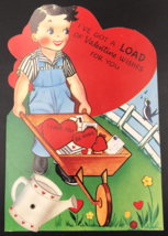 VTG 1950&#39;s Die Cut Mechanical Valentines Card Boy w/ Wheel Barrel 6.25&quot; x 9.25&quot; - £9.70 GBP