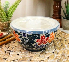 Ebros Set of 2 Ceramic Blue Cherry Blossoms Portion Meal Bowls 2 Cups W/ Lid - £23.08 GBP