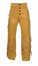 Tan Fringes Men Pant Party Soft Suede Motorcycle Genuine 100% Leather Lambskin - £95.66 GBP+