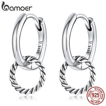 Authentic 925 Silver Double Ring Ear Buckles Round Circle Earrings for Women Sil - £18.53 GBP
