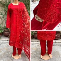 Pakistani Red cotton chikankari Straight Shirt 3-PCS Lawn Suit ,XL - £66.19 GBP