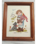 Vintage FRAMED CROSS STITCH Boy with dog &amp; apples countryside Hummel Signed - £12.80 GBP