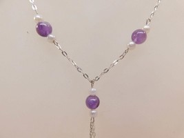 Vintage 925 Amethyst Freshwater Pearls Y Necklace Stone  Solid Sterling Silver - £34.37 GBP