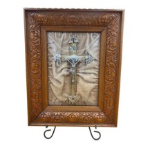 Crucifix on Velvet Convex Glass Wood Art Frame Silver &amp; Gold Tones 15”x12.5” - £178.04 GBP