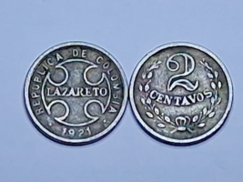 1921 Columbia 2 Centavos | Leper Colony Coin Circulated | KM L10 | - $3.95
