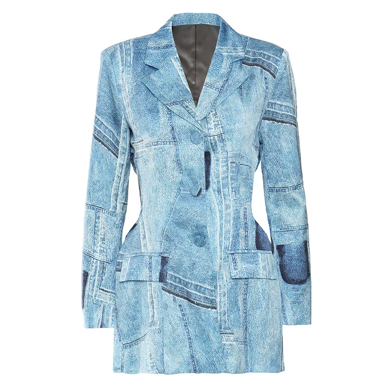 YUERWANG Women Blazer   Denim Graffiti Printing Satin Hollow Out Lace Up... - $256.50