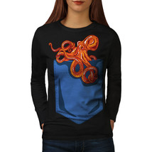 Wellcoda Octopus Pocket Womens Long Sleeve T-shirt, Sea Animal Casual Design - £18.98 GBP