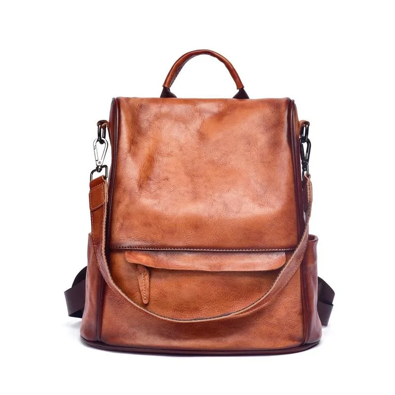 Vintage Large Capacity Women&#39;s Backpacks Anti Theft  Leather Backpack Cowhide W - £70.79 GBP