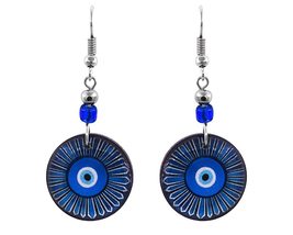 Round Blue Evil Eye Nazar Mandala Graphic Dangle Earrings - Womens Fashion Handm - £11.86 GBP