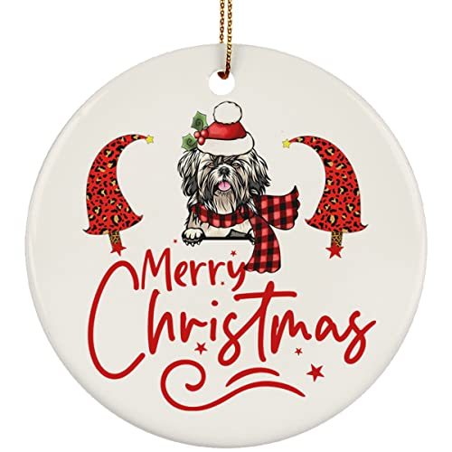 hdhshop24 Merry Christmas Puppy Shih Tzu Dog Circle Ornament Gift Pine Tree Deco