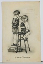 Children Playing Barber, Hare-Cut 1 Cent c1913 to North Adams Mich Postc... - £7.00 GBP