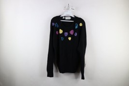 Deadstock Vtg 90s Womens Large Silk Angora Blend Knit Sequin Heart Sweater Black - £54.29 GBP